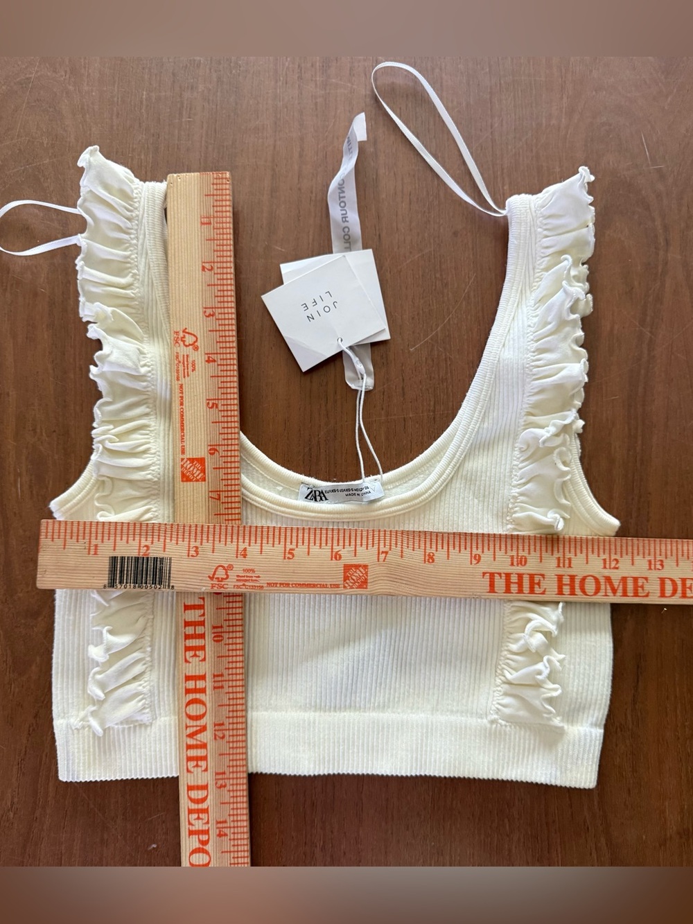 Zara XS/S Ruffle Trim Ribbed Knit Crop Tank Top Cream Ivory - Picture 4 of 5